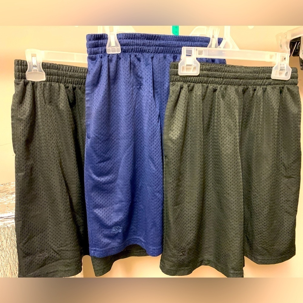 Boys Small Starter Gym Shorts. 2 black, 1 Navy Blue.